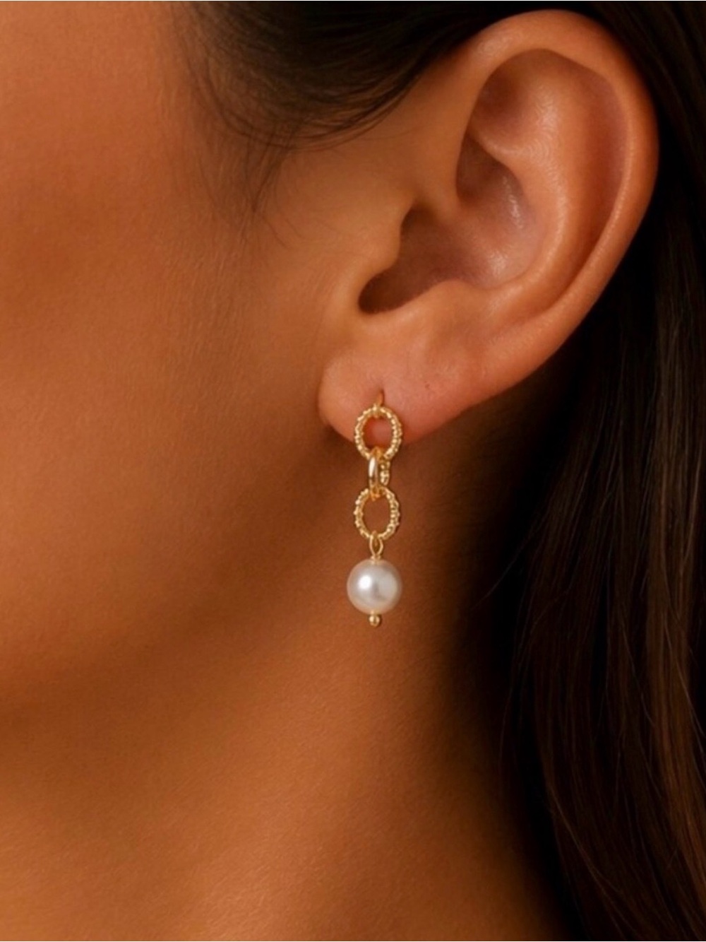 Plunder Design Gold Pearl Drop Double-Ring Earrings